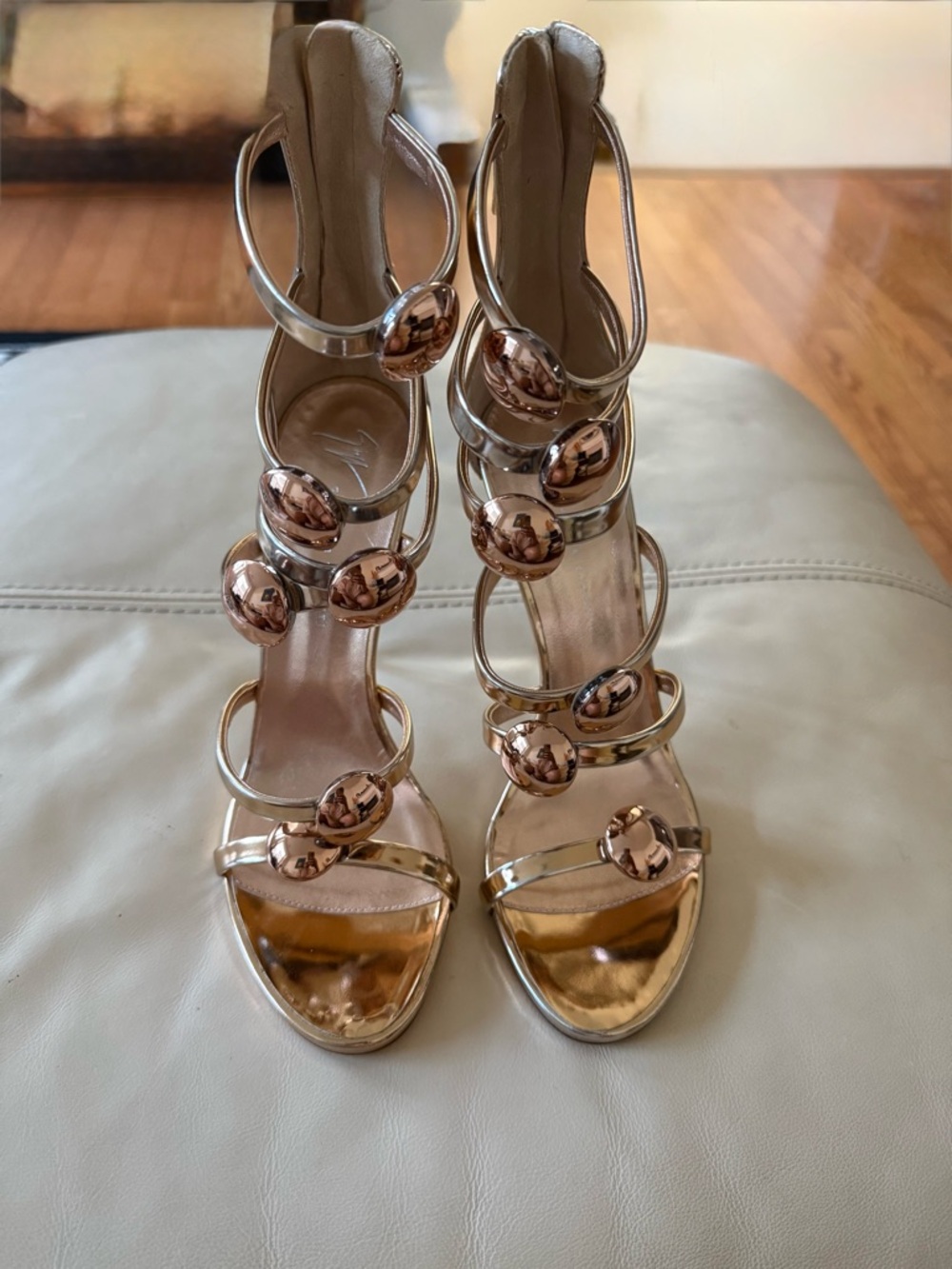 Giuseppe Zanotti Gold Alien Cage Sandals w/Rose Gold Orbs.